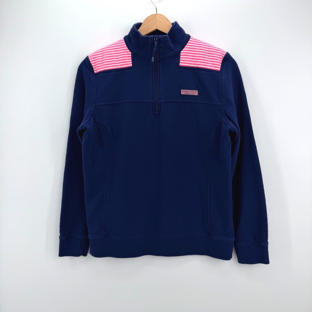 Vineyard Vines Quarter Zip Pullover Womens Small Navy Blue Pink Striped Preppy